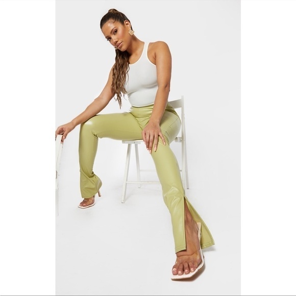 PRETTYLITTLETHING Shape Lime Green Split Hem Pants - Picture 1 of 3